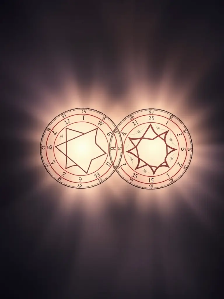 An image representing relationship compatibility analysis, showing two intertwined astrological charts or numerological profiles, symbolizing the connection between two individuals.