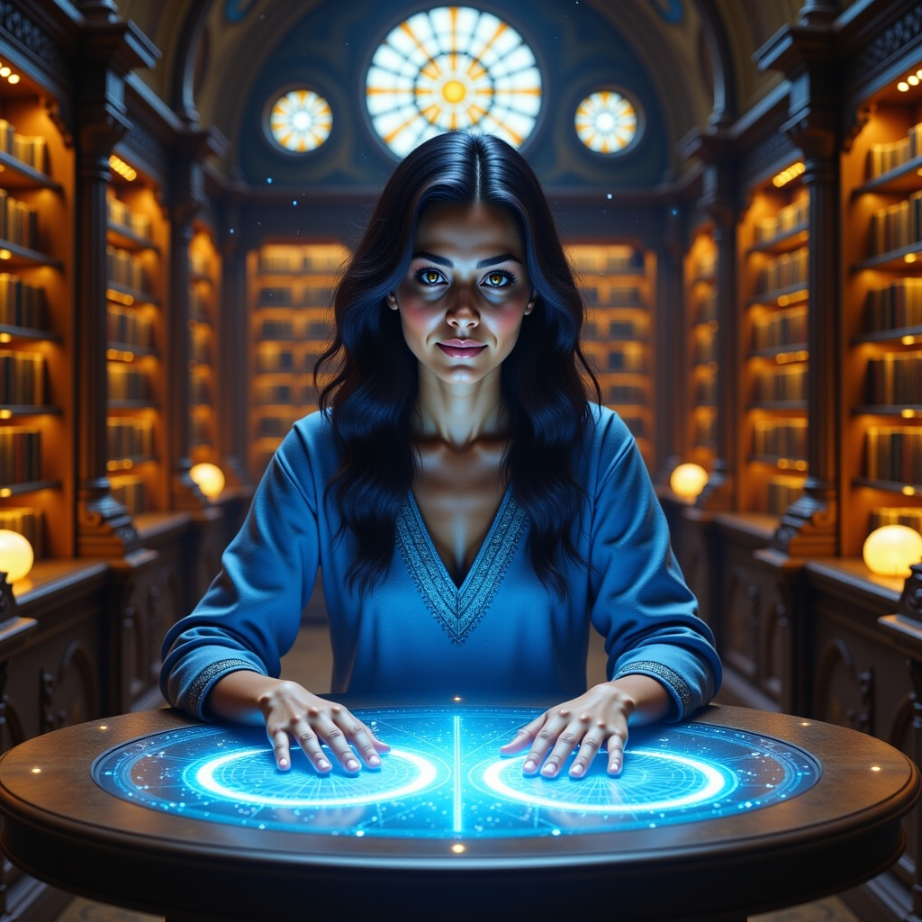 Afa holding a holographic chart